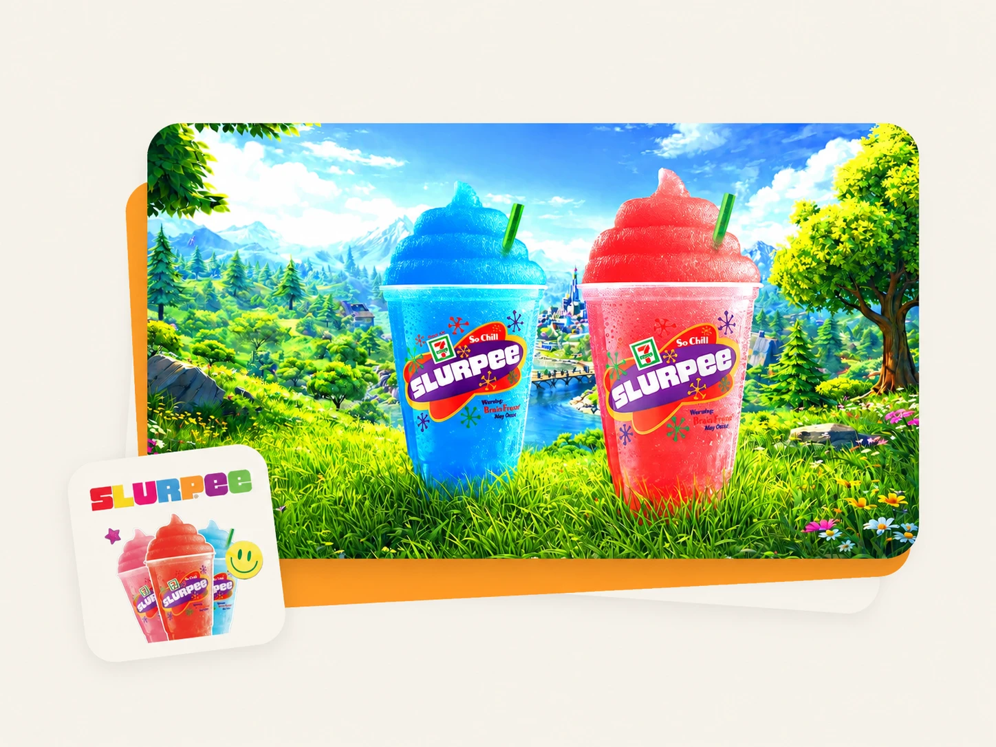 Slurpee campaign artwork with a custom sticker