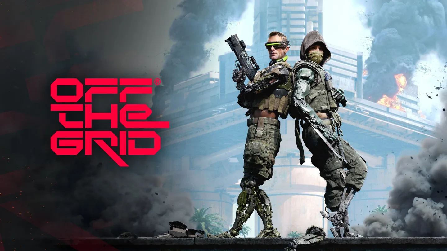 Off the Grid key art showing two cybernetic fighters above a futuristic city