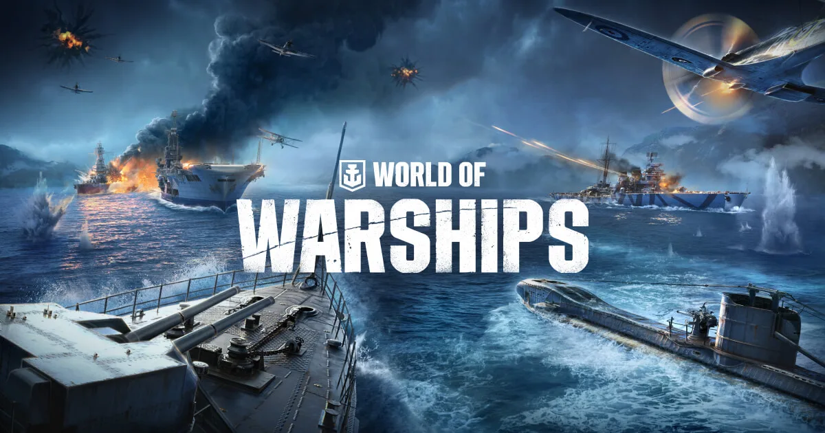 World of Warships key art showing warships, aircraft and a submarine at sea