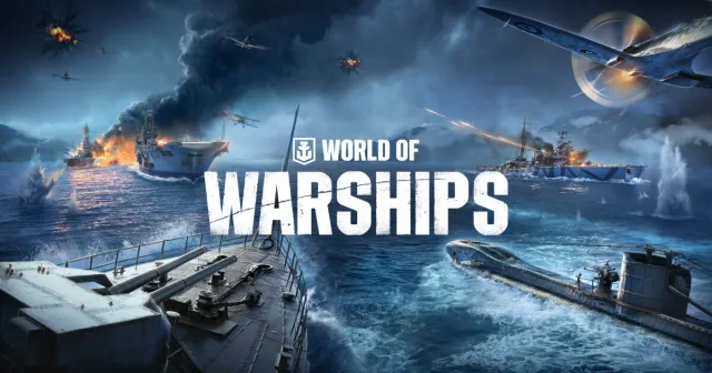 World of Warships key art showing warships, aircraft and a submarine at sea